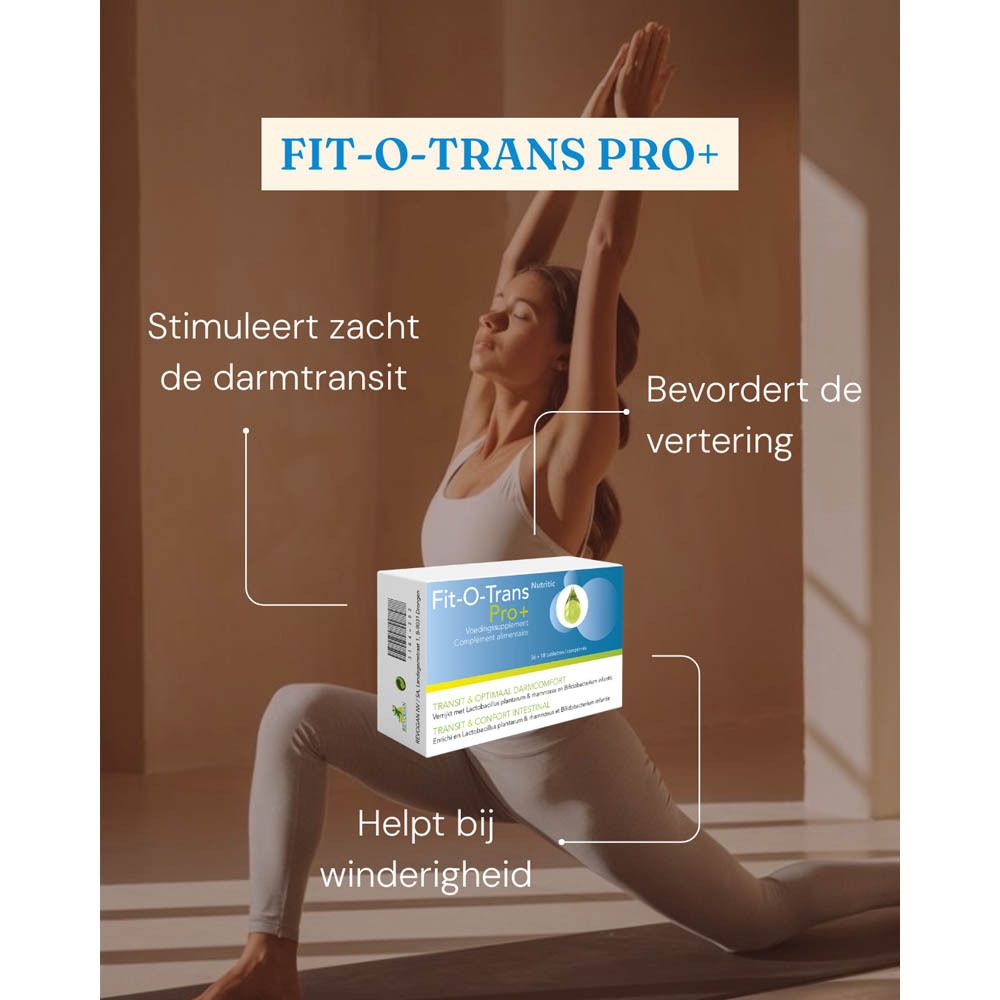 Reclamebeeld met Fit-O-Trans Pro+ en een vrouw die yoga doet. Tekst: Bevordert de vertering, helpt bij winderigheid.