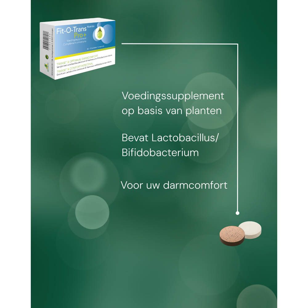 Reclamebeeld met Fit-O-Trans Pro+ en twee tabletten. Tekst: Bevat lactobacillen/bifidobacteriën. Voor darmcomfort.