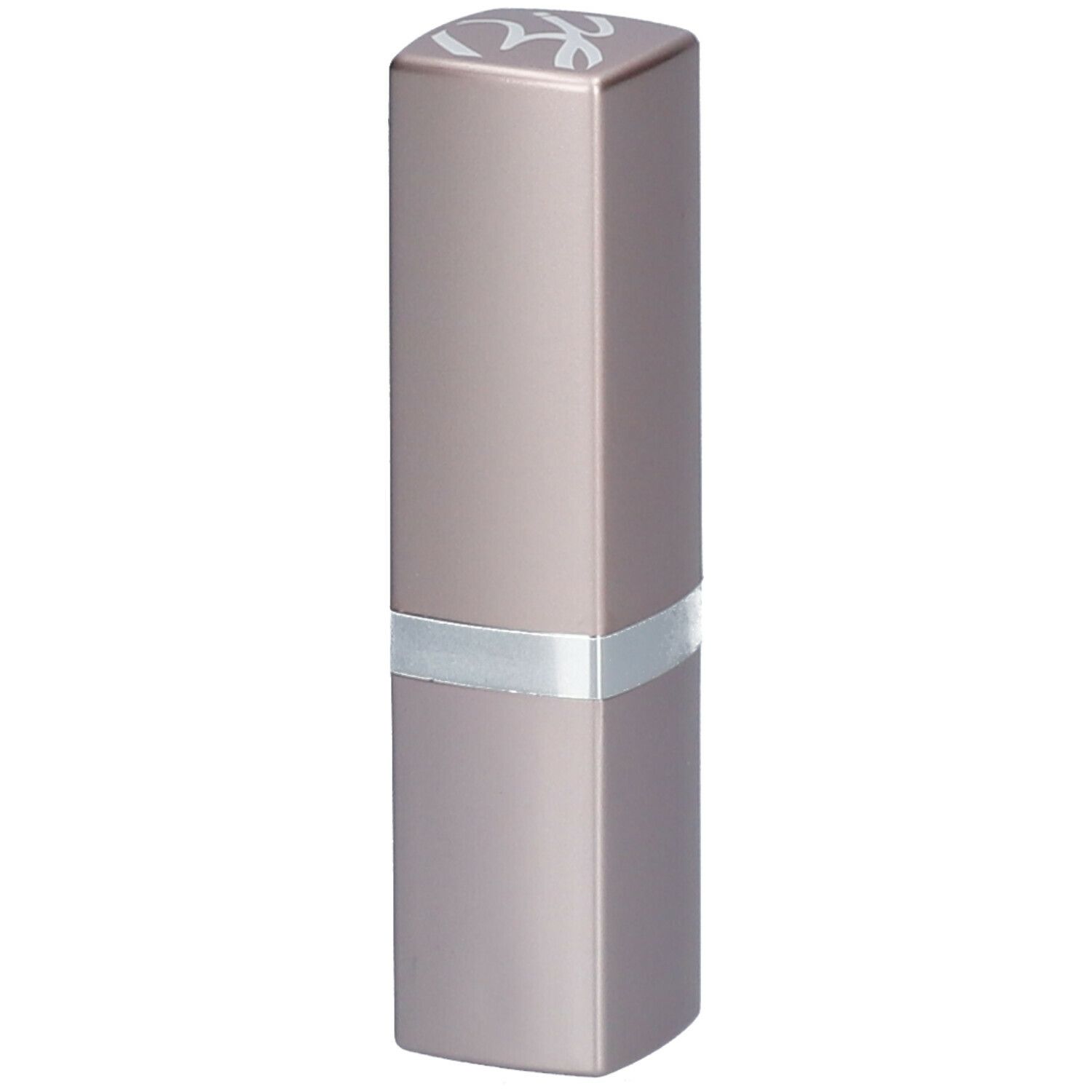 Rouge à lèvres dans un étui rectangulaire. Anneau argenté au milieu. Logo en haut.