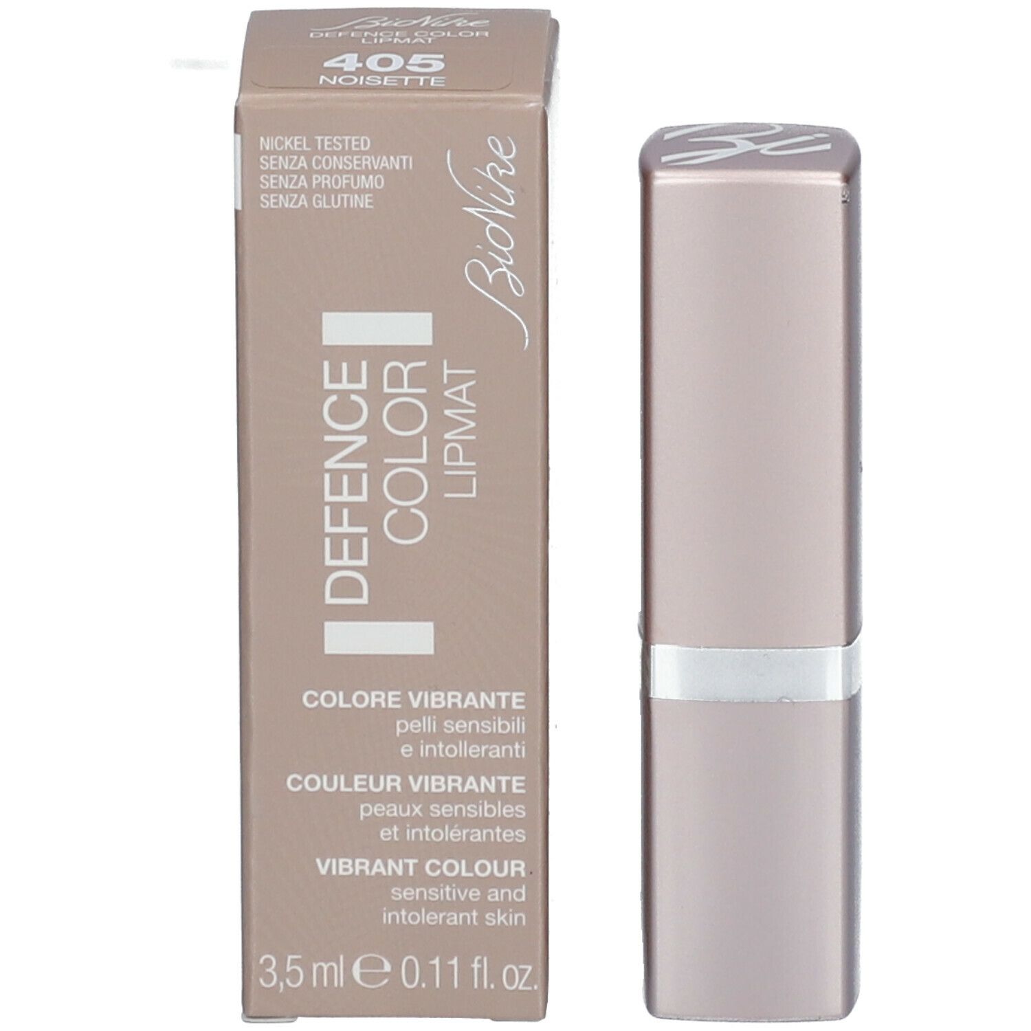 Rouge à lèvres et emballage. Emballage avec nom du produit, numéro de couleur et texte. Rouge à lèvres en étui rectangulaire.