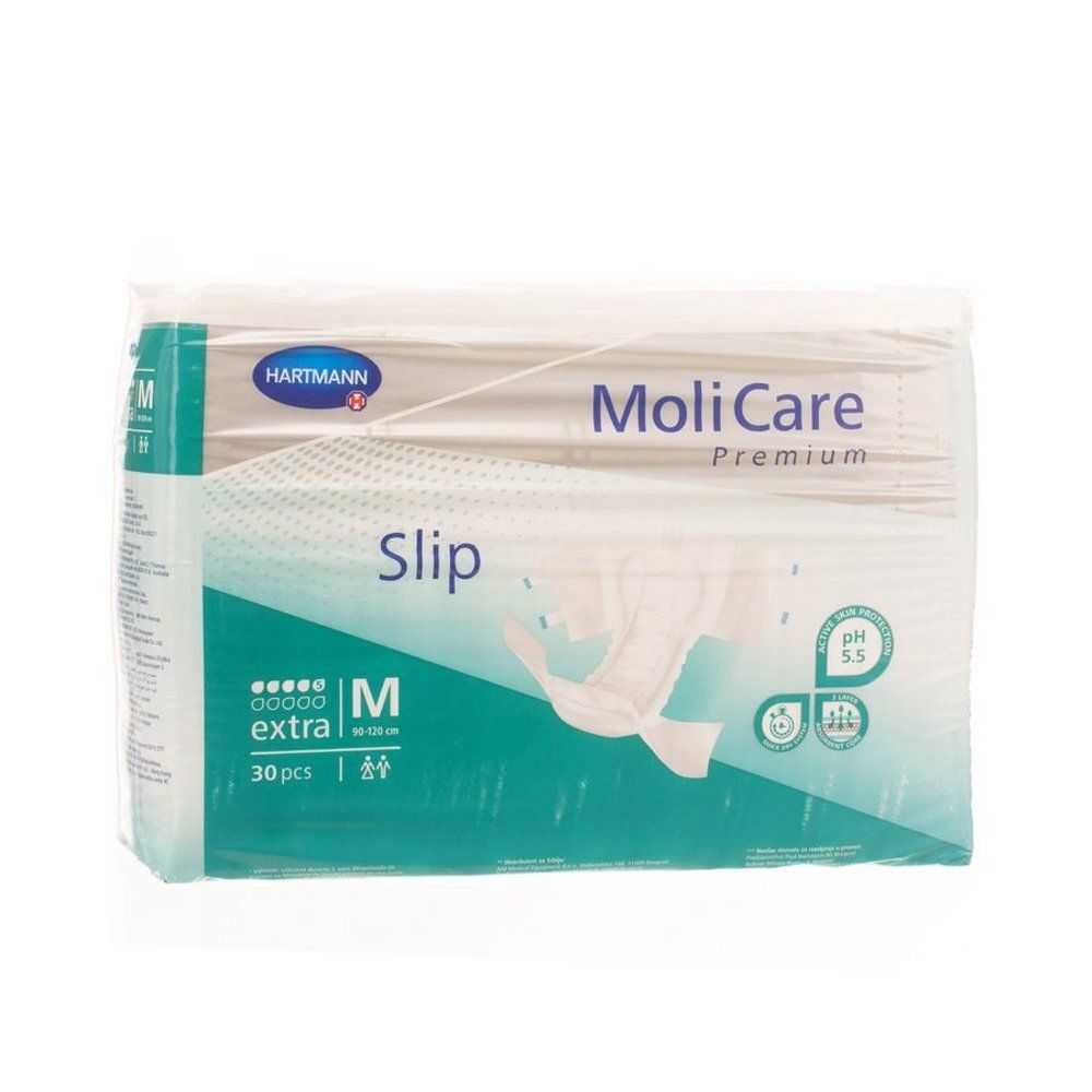 Verpakking MoliCare Premium Extra M. Merk Hartmann. 30 stuks. Maat M. pH 5,5. Opschriften: Slip, extra, M 80-120 cm.