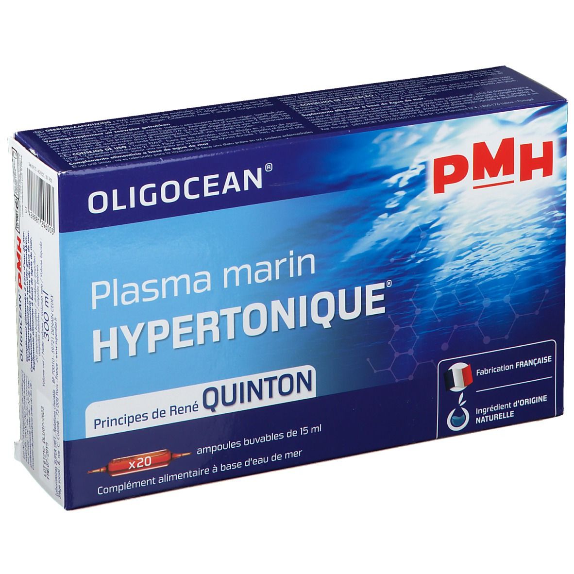 Doos met product OLIGOCEAN PMH. Opschrift: Plasma marin Hypertonique, Quinton. Bevat 20 ampullen. Franse fabricage.