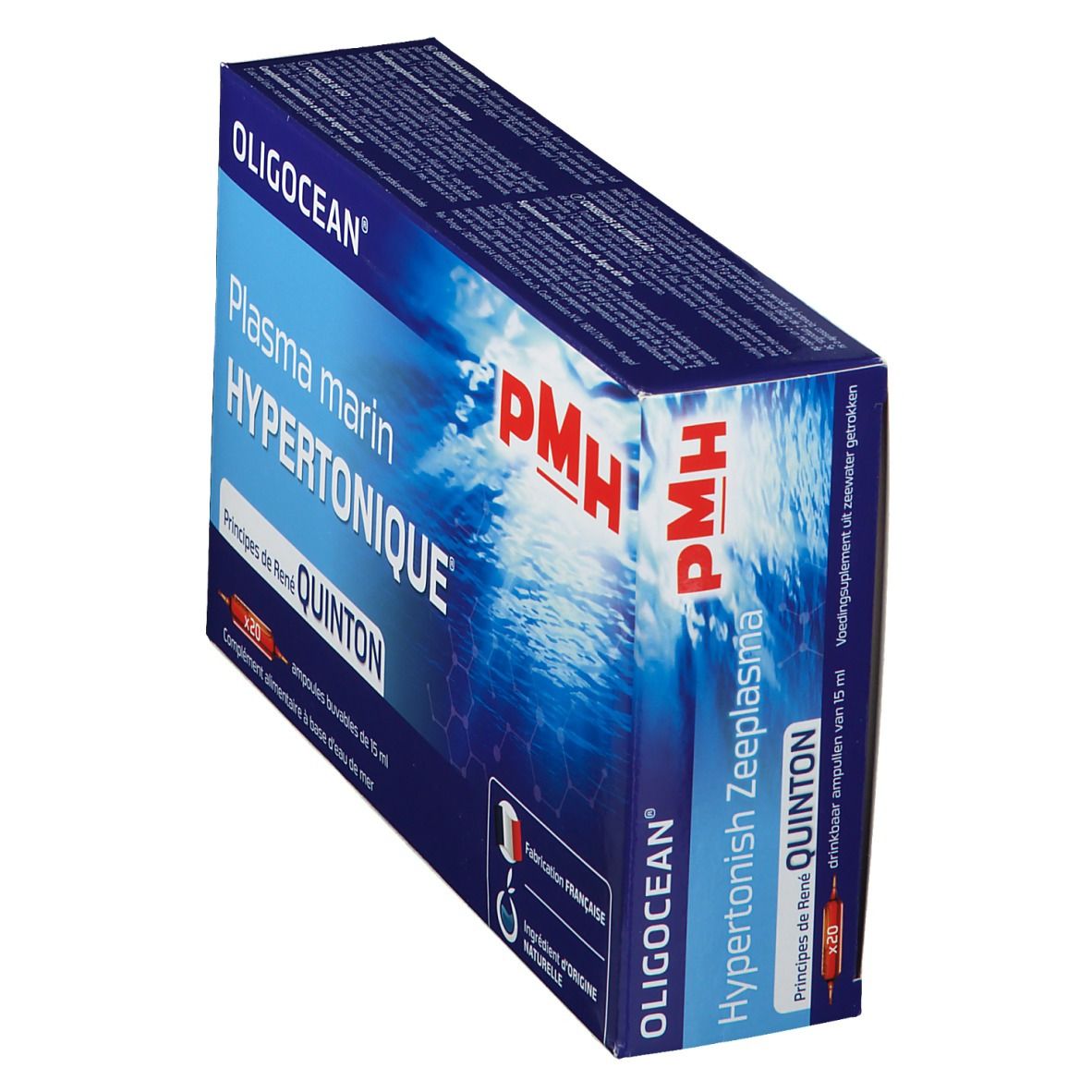 Doos met product OLIGOCEAN PMH. Opschrift: Plasma marin Hypertonique, Quinton. Bevat 20 ampullen. Franse fabricage.