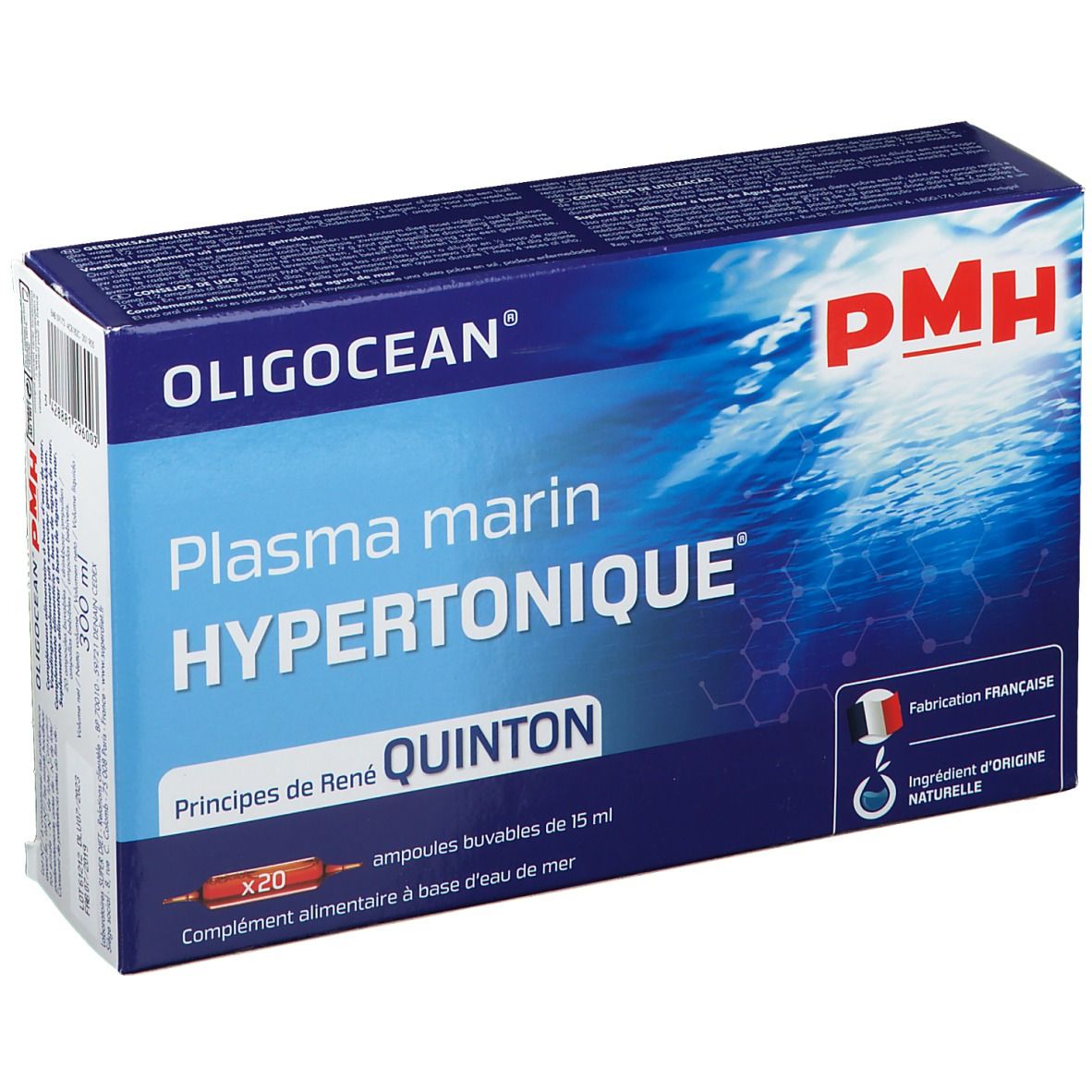 Doos met product OLIGOCEAN PMH. Opschrift: Plasma marin Hypertonique, Quinton. Bevat 20 ampullen. Franse fabricage.