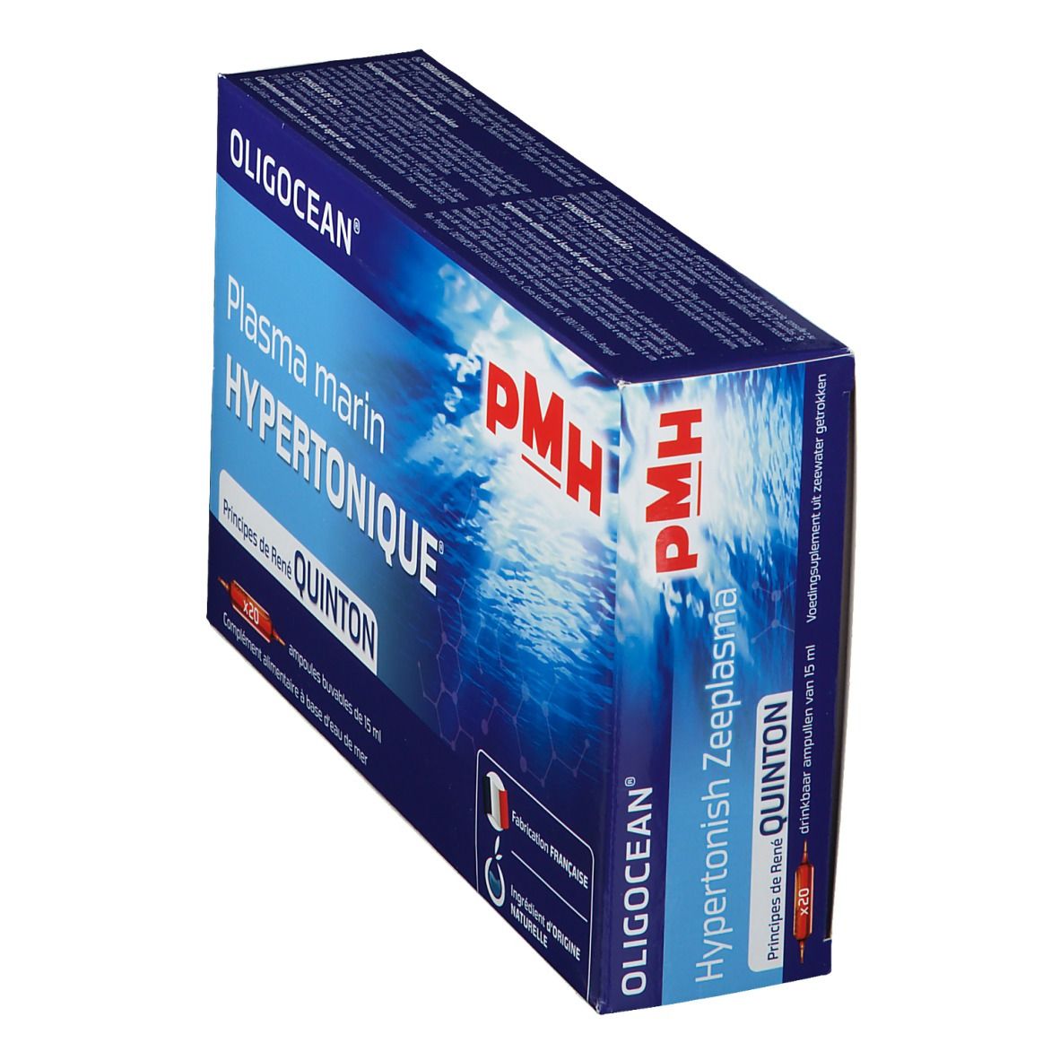 Doos met product OLIGOCEAN PMH. Opschrift: Plasma marin Hypertonique, Quinton. Bevat 20 ampullen. Franse fabricage.