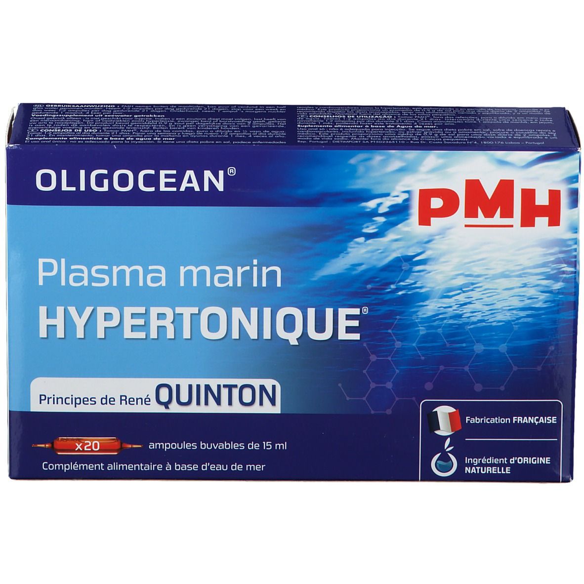 Doos met product OLIGOCEAN PMH. Opschrift: Plasma marin Hypertonique, Quinton. Bevat 20 ampullen. Franse fabricage.