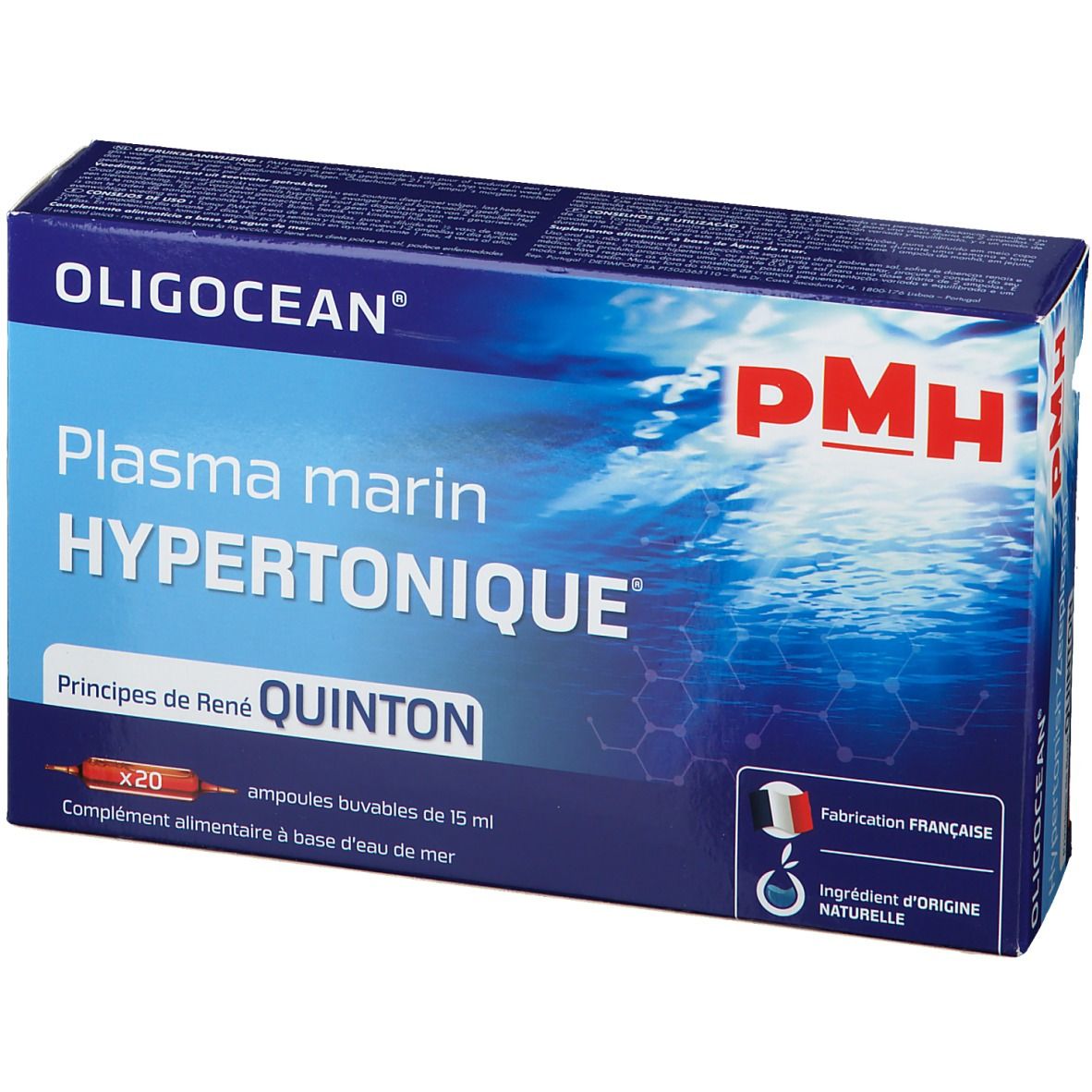 Doos met product OLIGOCEAN PMH. Opschrift: Plasma marin Hypertonique, Quinton. Bevat 20 ampullen. Franse fabricage.