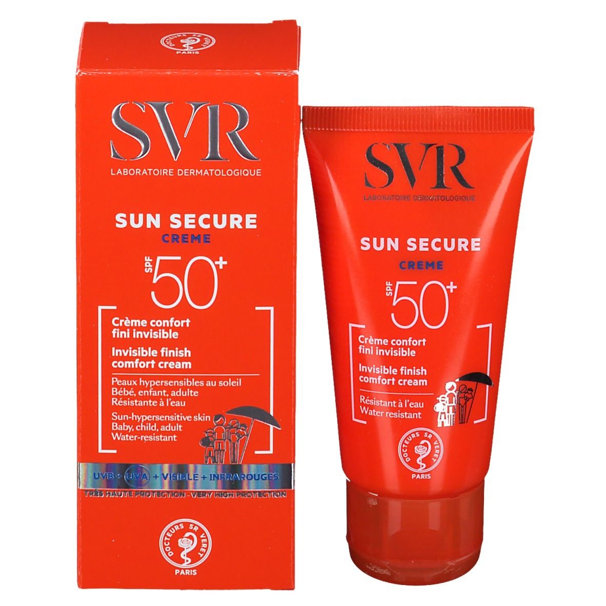SVR Sun Secure Crème SPF50+ en boîte et tube. Texte: Invisible finish comfort cream. Résistant à l'eau.