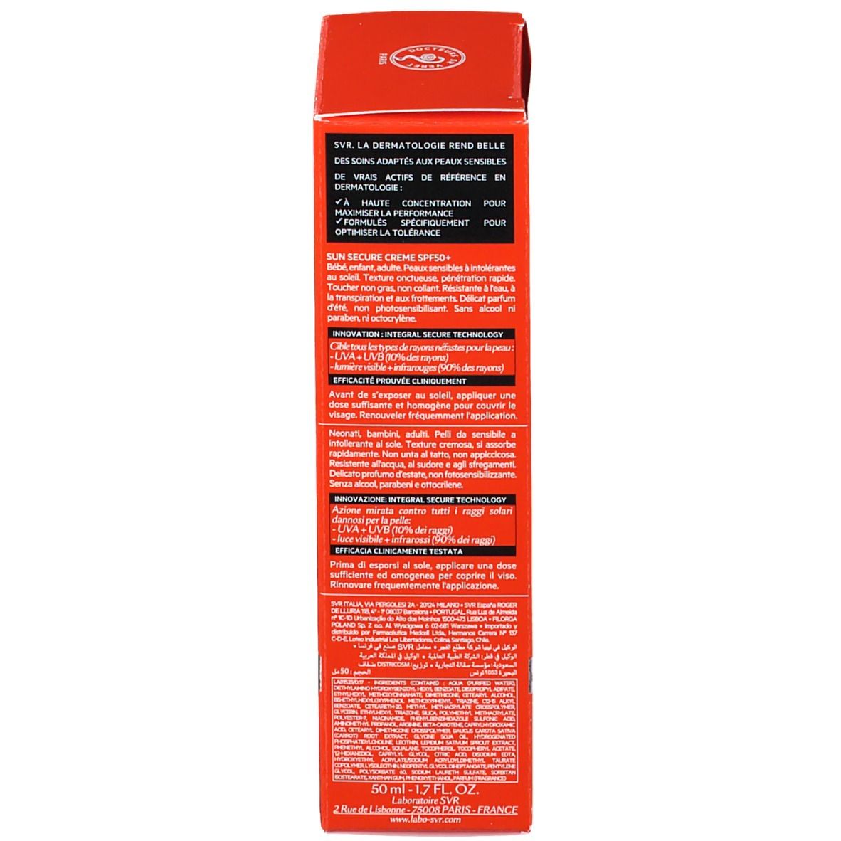 Dos de la boîte SVR Sun Secure Crème SPF50+. Texte: Informations sur le produit et ingrédients.