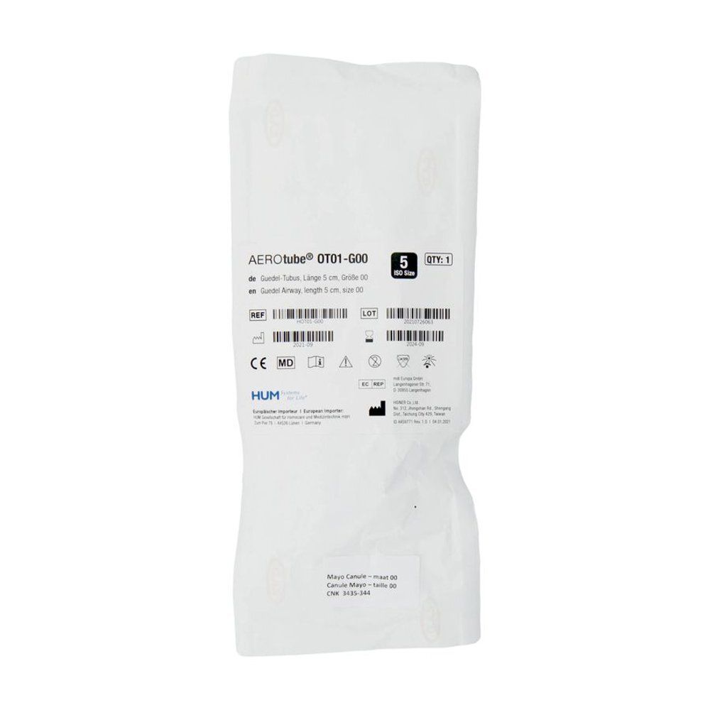 Emballage de matériel médical. Inscription: AEROtube OT01-G00, 5 pièces, marquage CE.