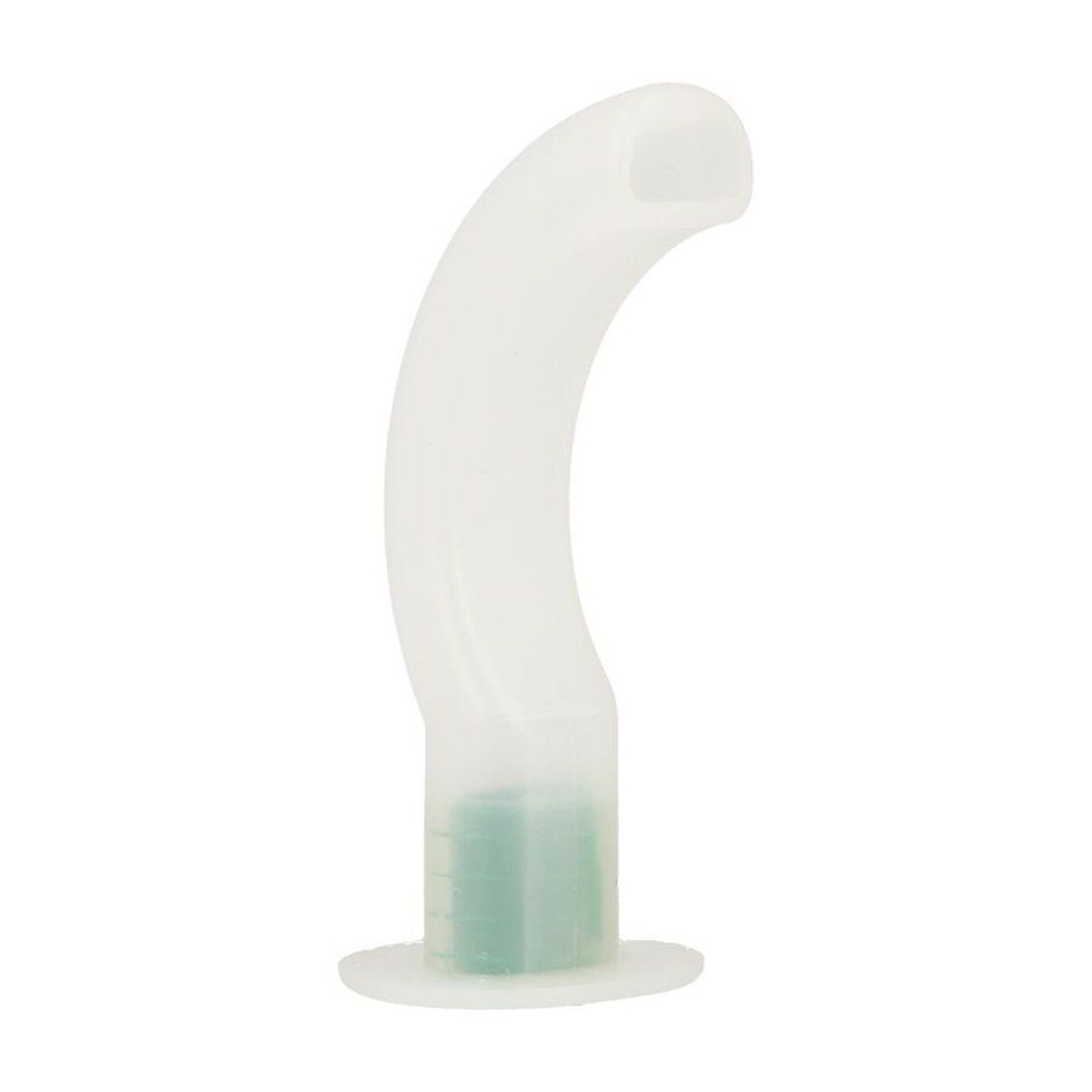 Gebogen, witte medische canule met groene basis en platte, ronde voet. De canule heeft een afgeronde punt.