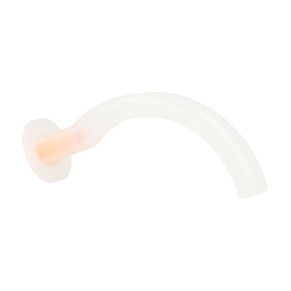 Canule médicale incurvée, matériau blanc, avec base colorée.
