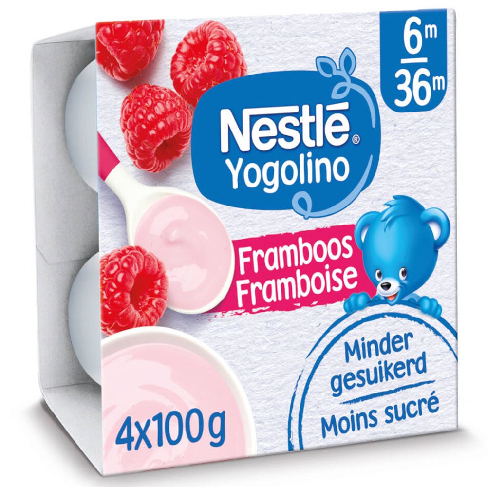 Nestlé Yogolino Framboise. 4 pots dans emballage. Yaourt à la framboise. 6-36 mois. Moins sucré.