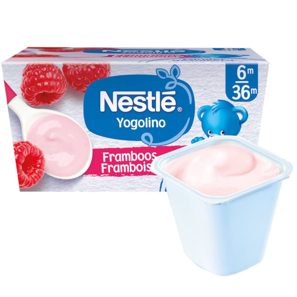 Nestlé Yogolino Framboise. Pot individuel de yaourt à la framboise. 6-36 mois. Moins sucré.