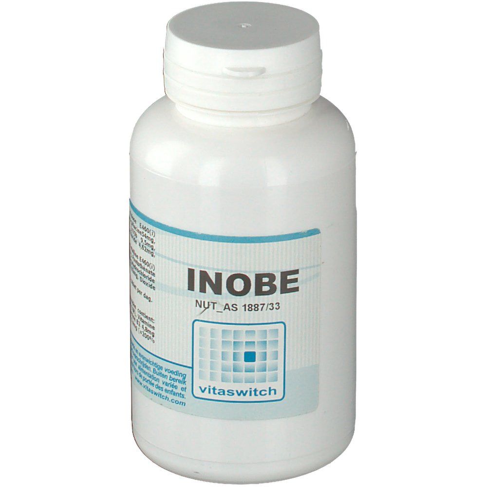 Witte fles met INOBE-label. Opschrift INOBE, NUT_AS 1887/33 en vitaswitch-logo. Capsule-dop.