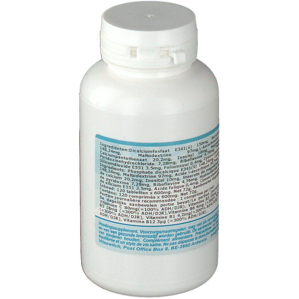 Witte fles met capsule-dop. Label met ingrediënten en voedingswaarde-informatie.