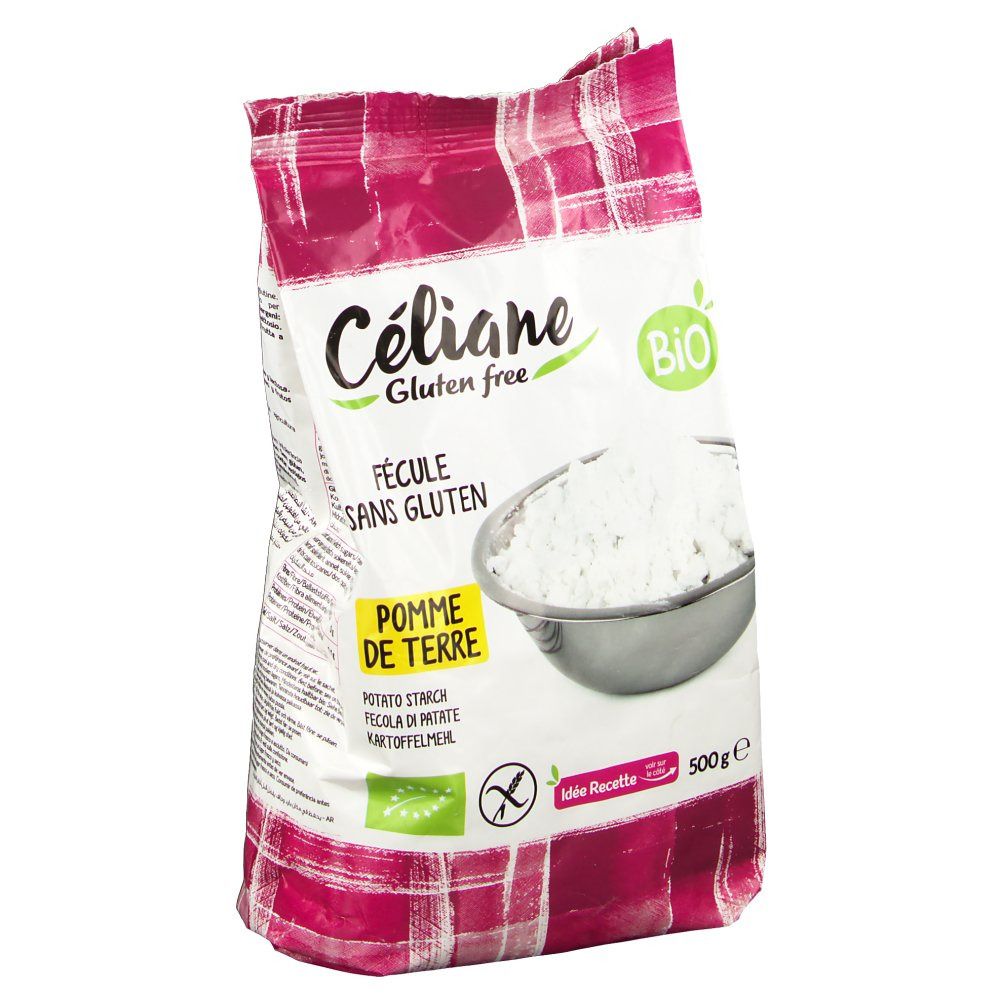 Sachet de fécule de pomme de terre Céliane sans gluten. Inscription: BIO, Fecule sans gluten, Pomme de terre. Contenu: 500g.