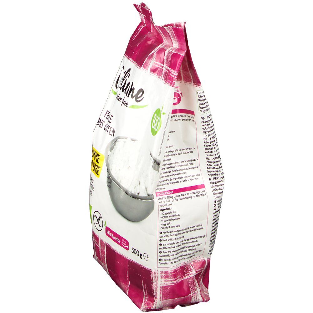 Vue latérale du paquet de fécule de pomme de terre Céliane. Inscription: BIO, Fecule sans gluten, Pomme de terre. Contenu: 500g.