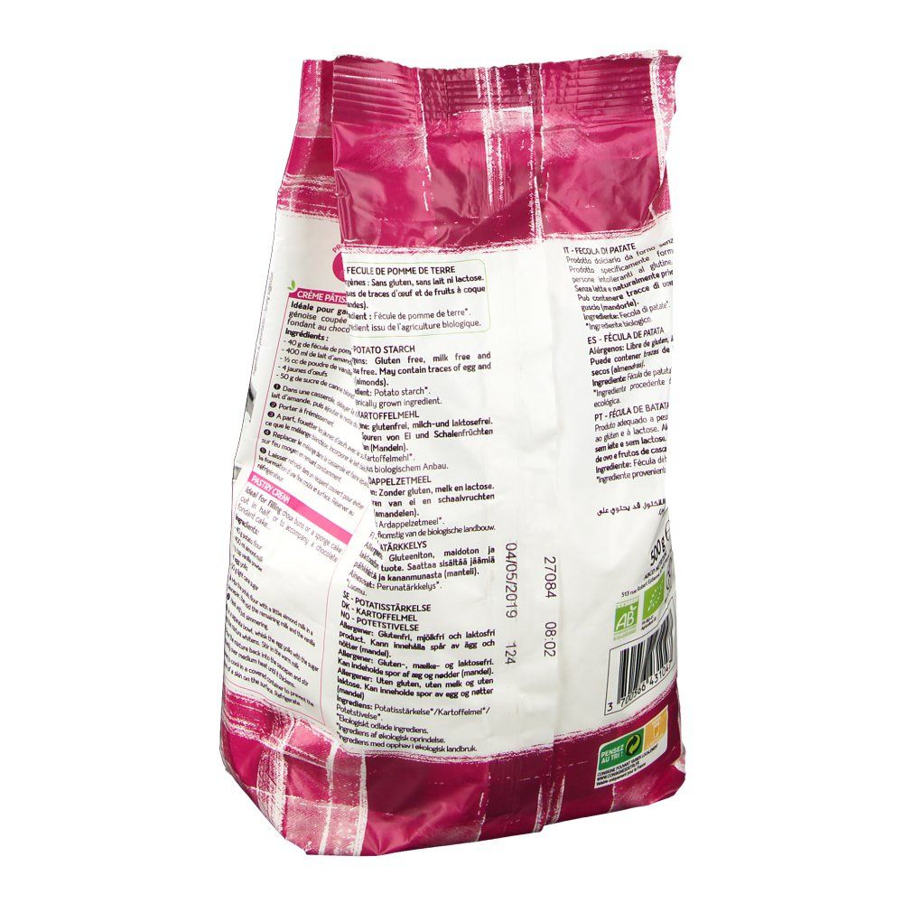 Dos du paquet de fécule de pomme de terre Céliane. Texte multilingue. Impression: logo BIO, numéro de lot, date limite.