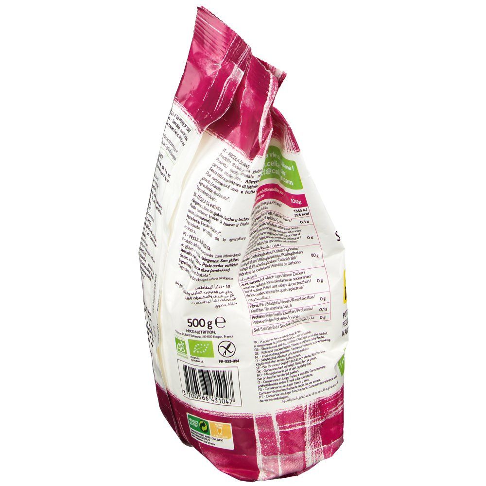Vue latérale du paquet de fécule de pomme de terre Céliane. Impression: logo BIO, informations nutritionnelles, contenu: 500g.