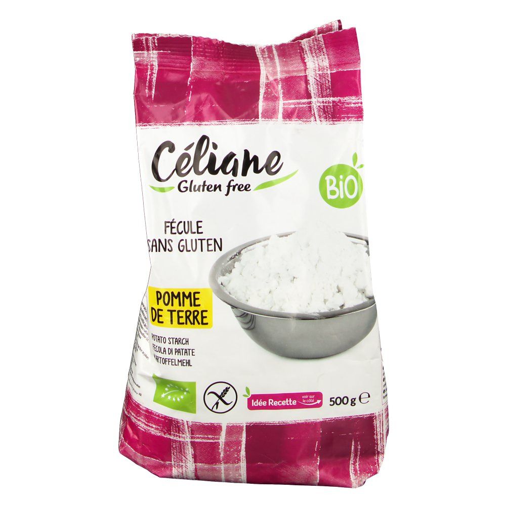 Paquet de fécule de pomme de terre Céliane sans gluten. Inscription: BIO, Fecule sans gluten, Pomme de terre. Contenu: 500g.
