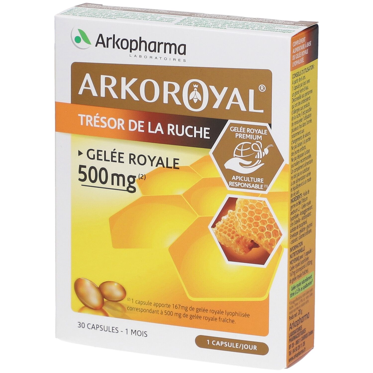 Doos Arkoroyal Gelee Royale 500mg. Gele capsules, honingraat illustratie. Apiculture Responsable certificering.