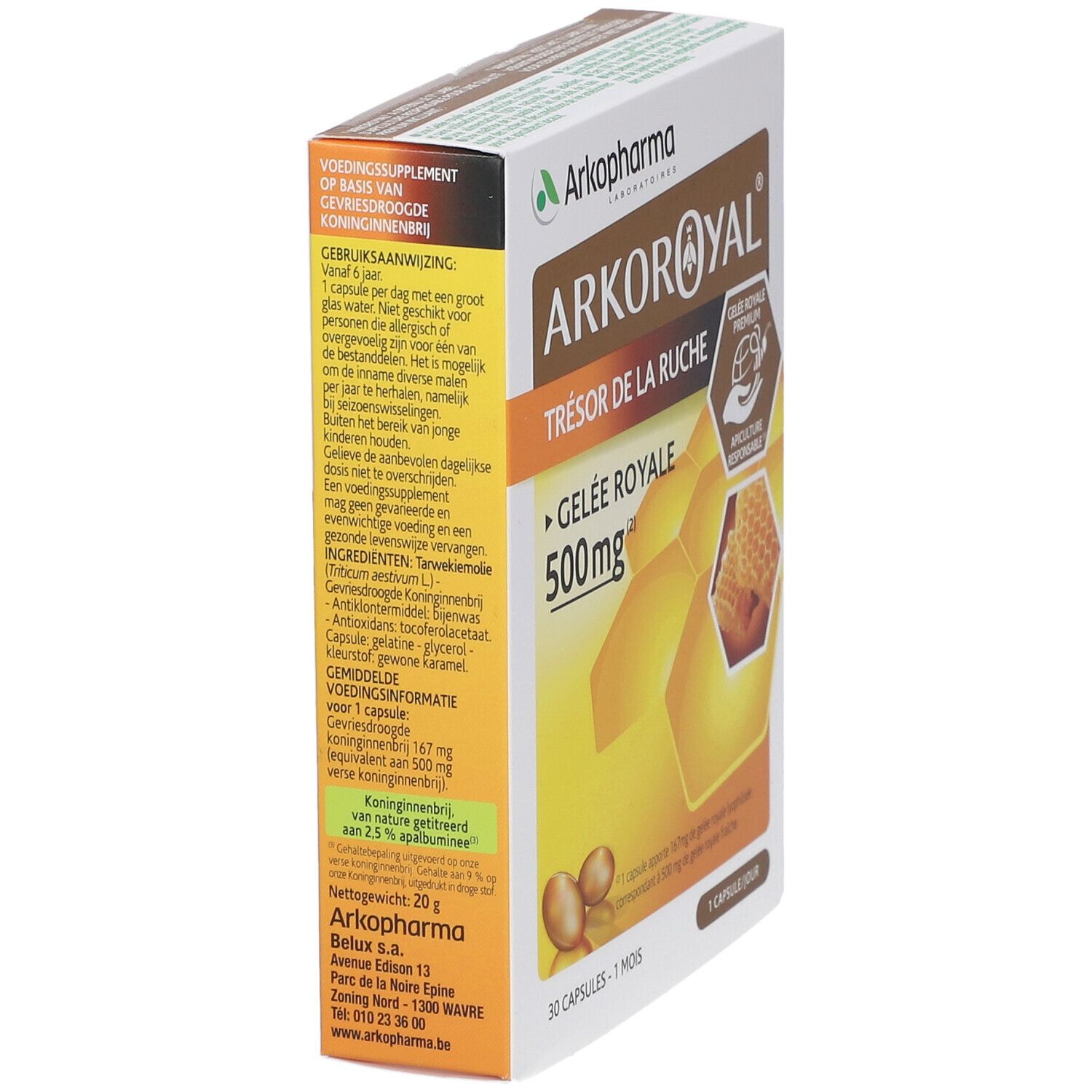 Zijaanzicht van Arkoroyal verpakking. Tekst: Gelee Royale 500mg. Honingraat illustratie. Apiculture Responsable certificering.