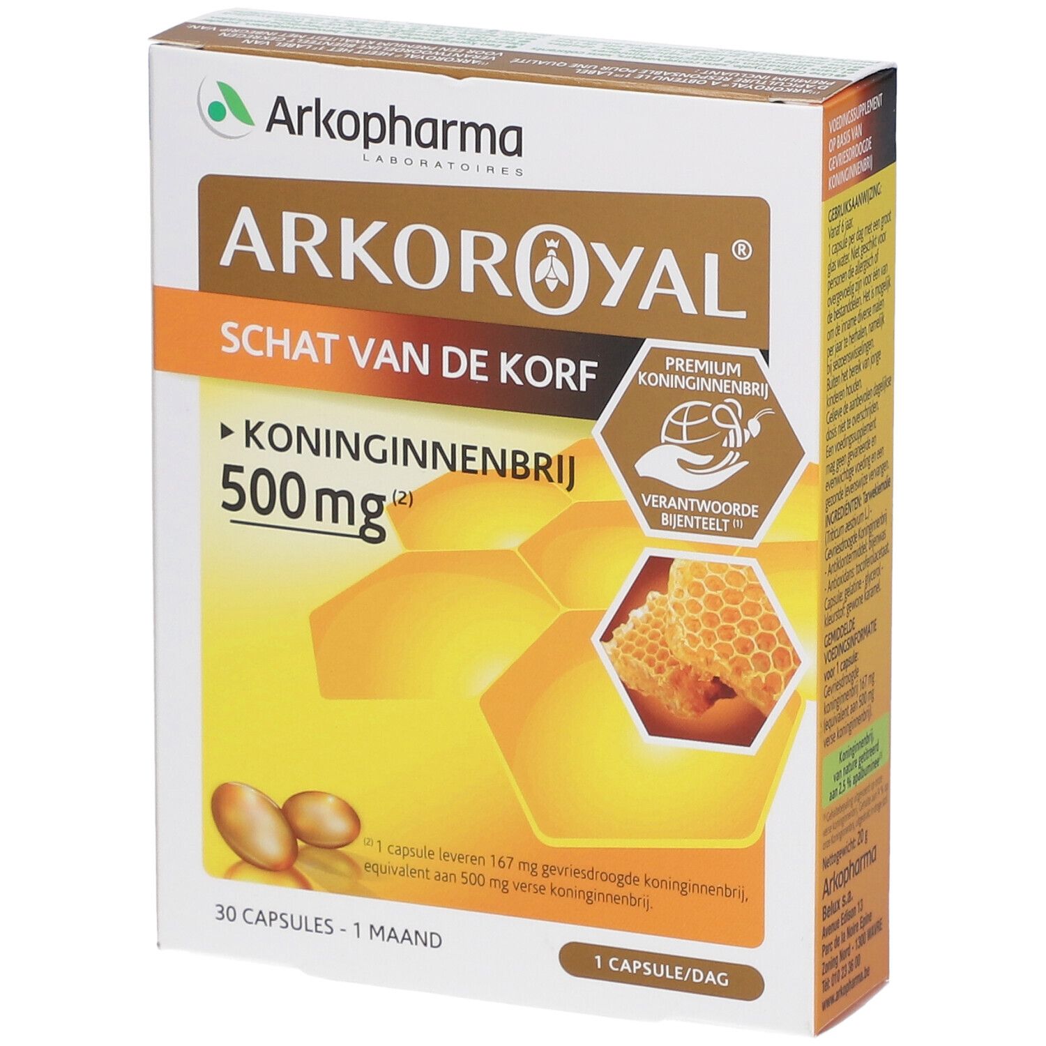 Arkoroyal verpakking. Tekst: Koninginnenbrij 500mg. Honingraat illustratie. Premium Koninginnenbrij. Verantwoorde bijenteelt.
