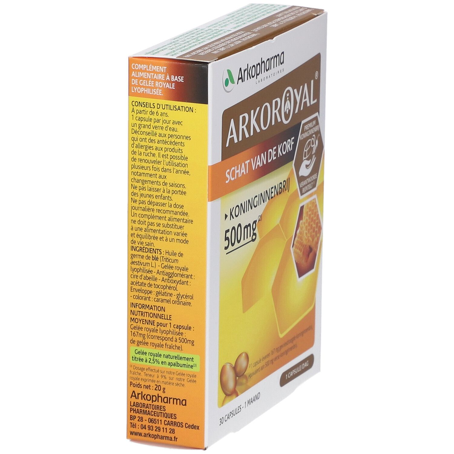 Zijaanzicht van Arkoroyal verpakking. Tekst: Koninginnenbrij 500mg. Honingraat illustratie. Apiculture Responsable certificering.