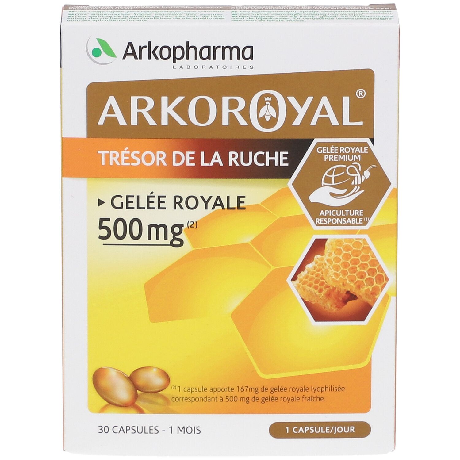 Doos Arkoroyal Gelee Royale 500mg. Gele capsules, honingraat illustratie. Apiculture Responsable certificering.