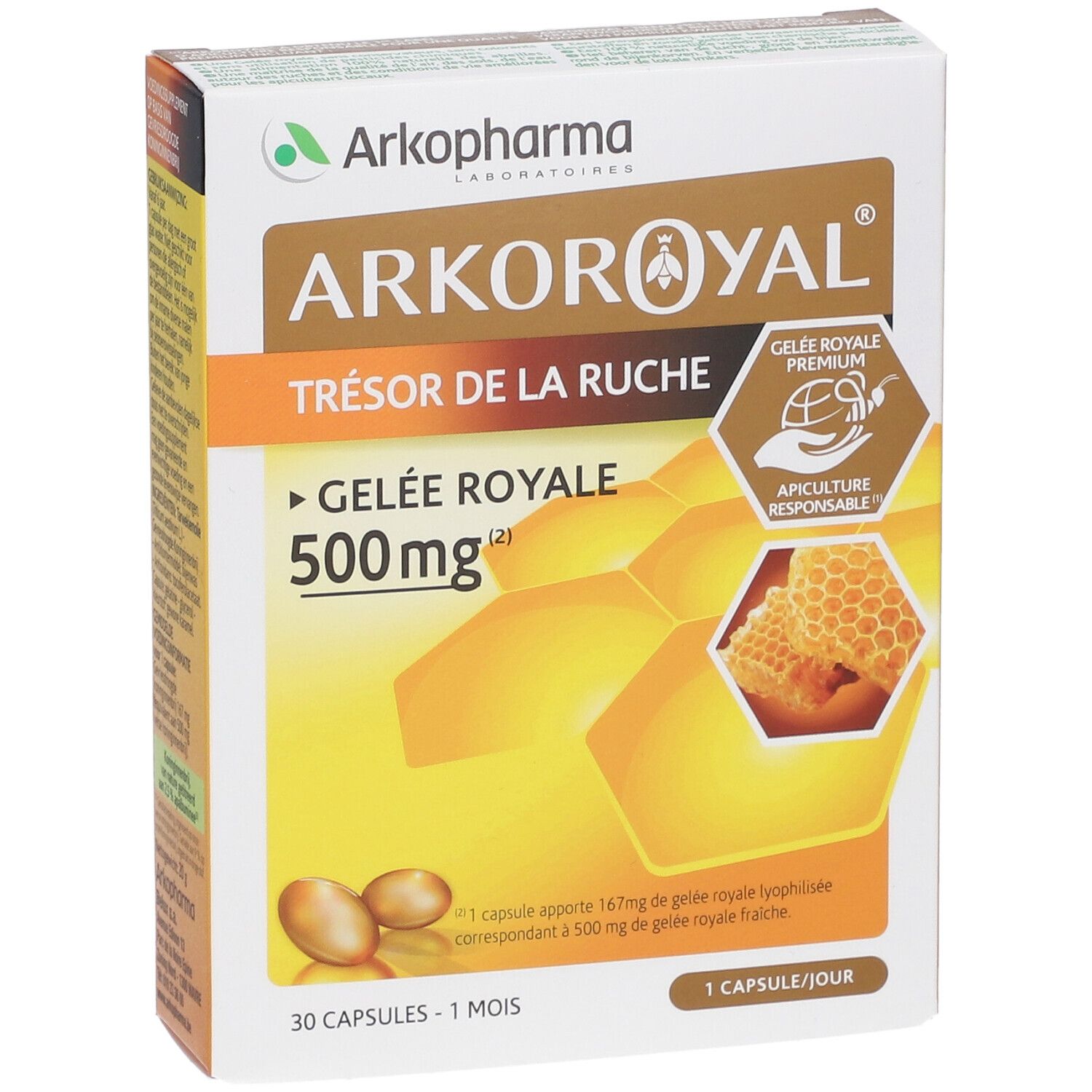Doos Arkoroyal Gelee Royale 500mg. Gele capsules, honingraat illustratie. Apiculture Responsable certificering.