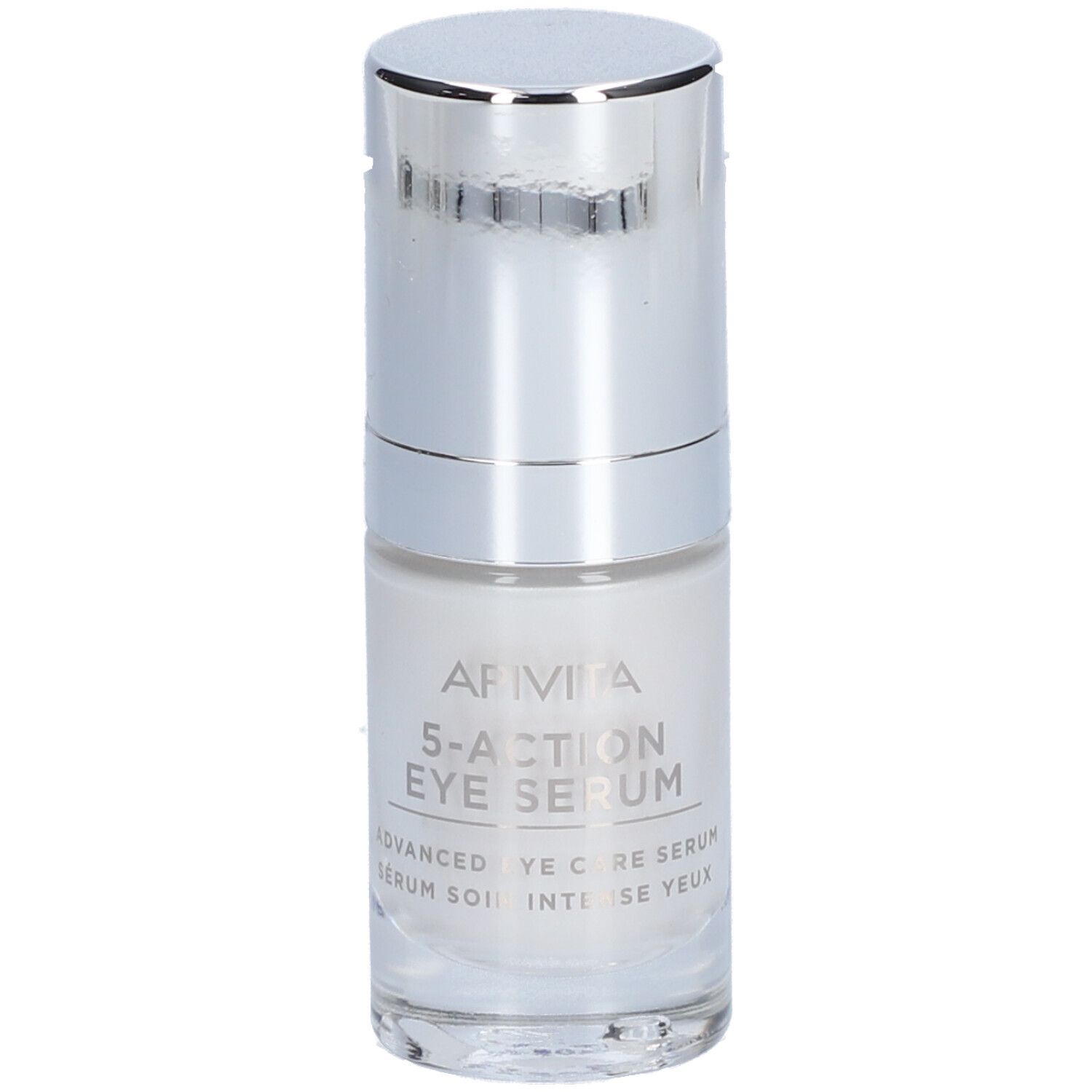 Flacon Apivita 5-Action Eye Serum avec distributeur à pompe.