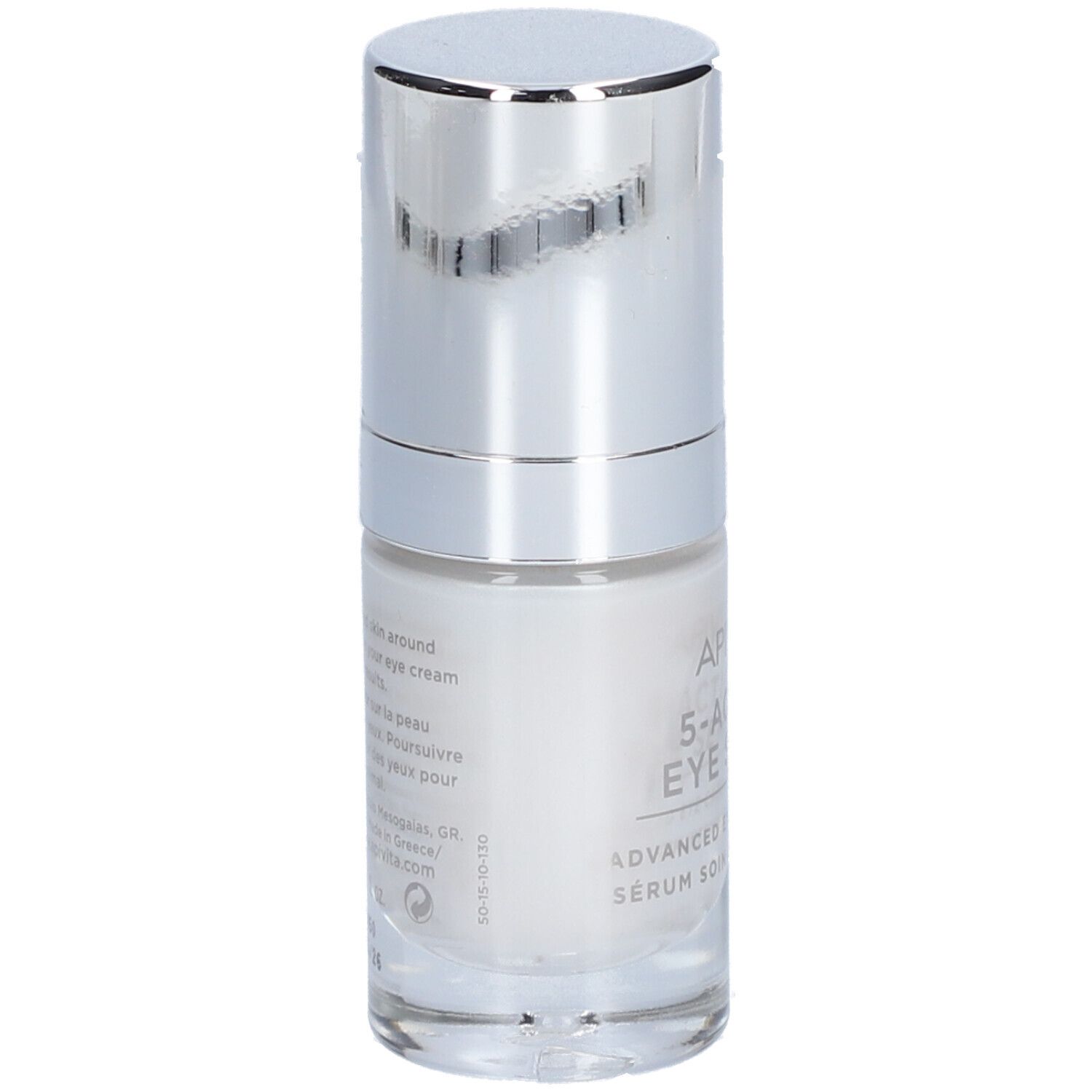 Crème contour des yeux blanche dans un flacon argenté avec un capuchon argenté.