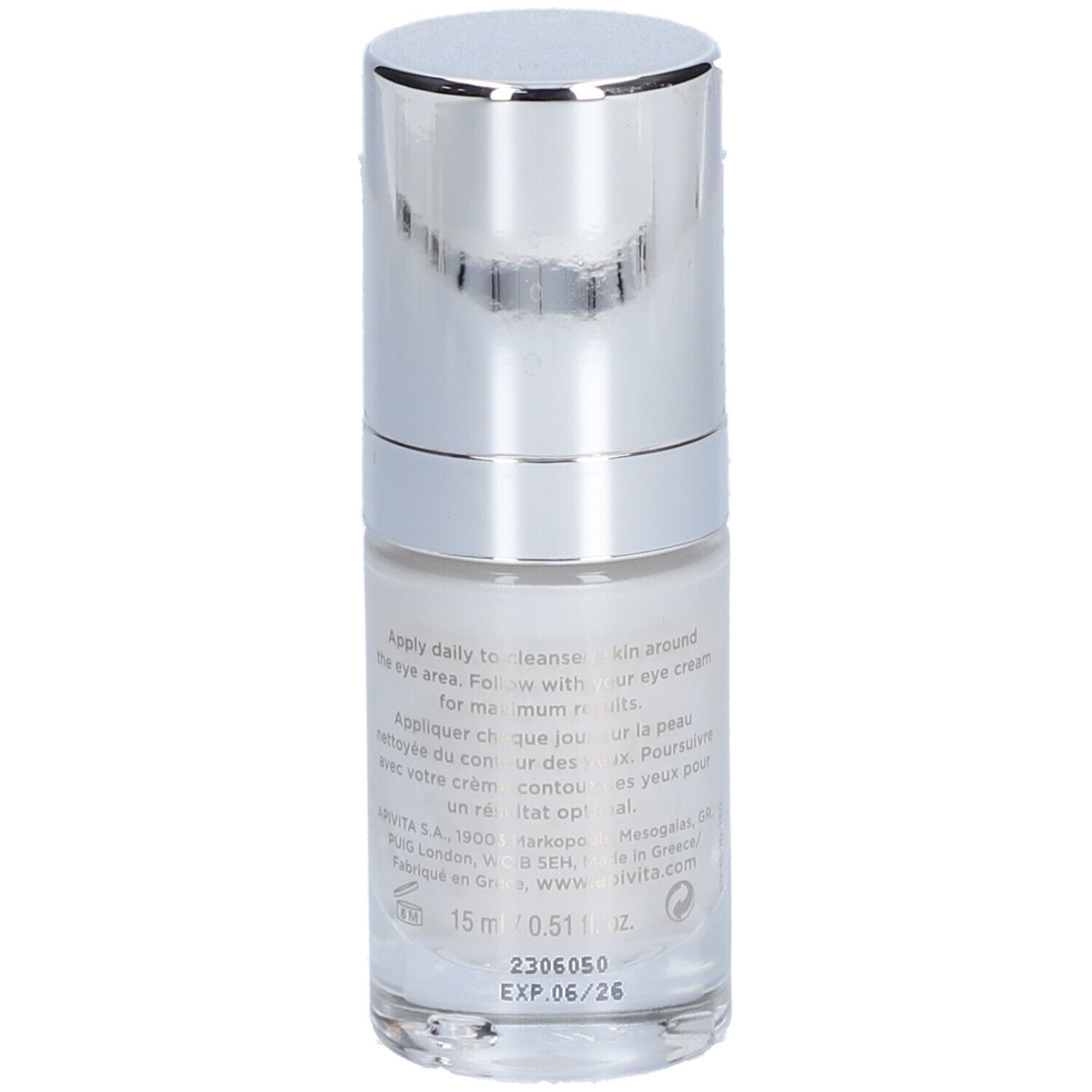 Crème contour des yeux blanche dans un flacon pompe argenté avec bouchon argenté. 15ml.
