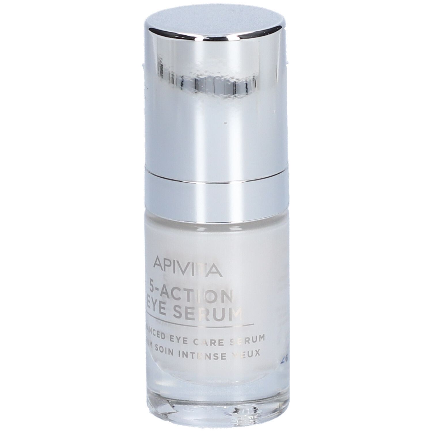 Sérum contour des yeux Apivita 5-Action dans un flacon en verre transparent avec pompe argentée.