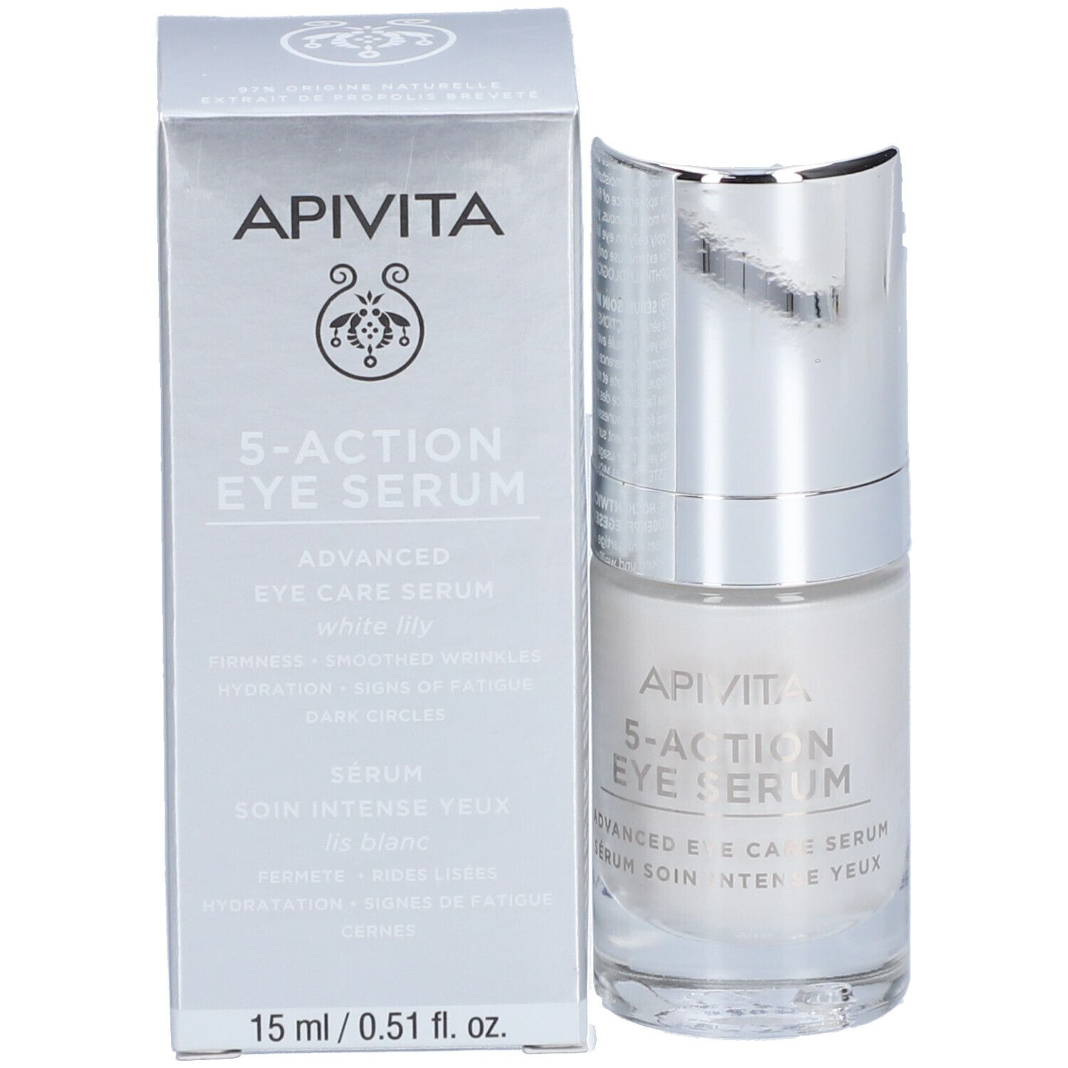 API VITA 5-Action Eye Serum dans un flacon blanc avec distributeur argenté et boîte.