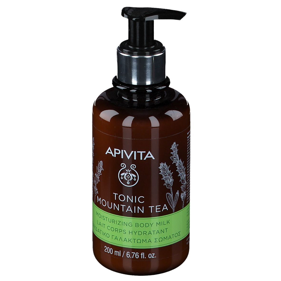 Apivita Tonic Mountain Tea hydraterende lichaamsmelk in bruine fles met pompdosering, 200 ml.