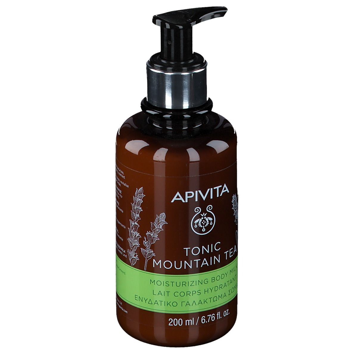 Apivita Tonic Mountain Tea hydraterende body milk in bruine fles met pompdos, 200 ml.