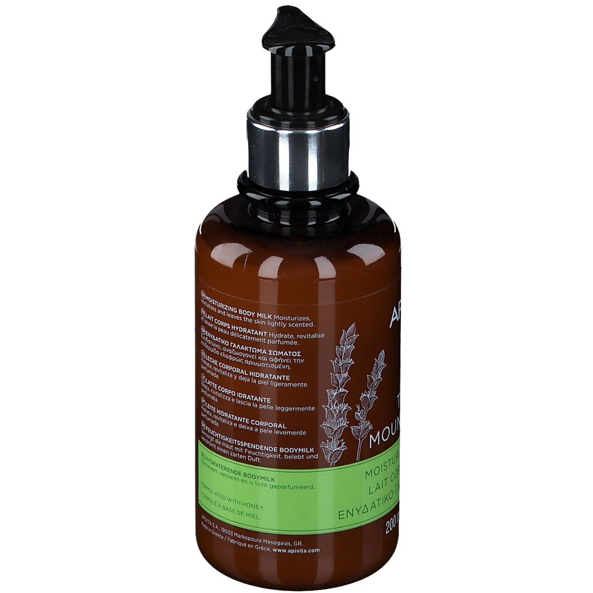 Bruine pompflacon met body milk, lavendelmotief, 200ml.