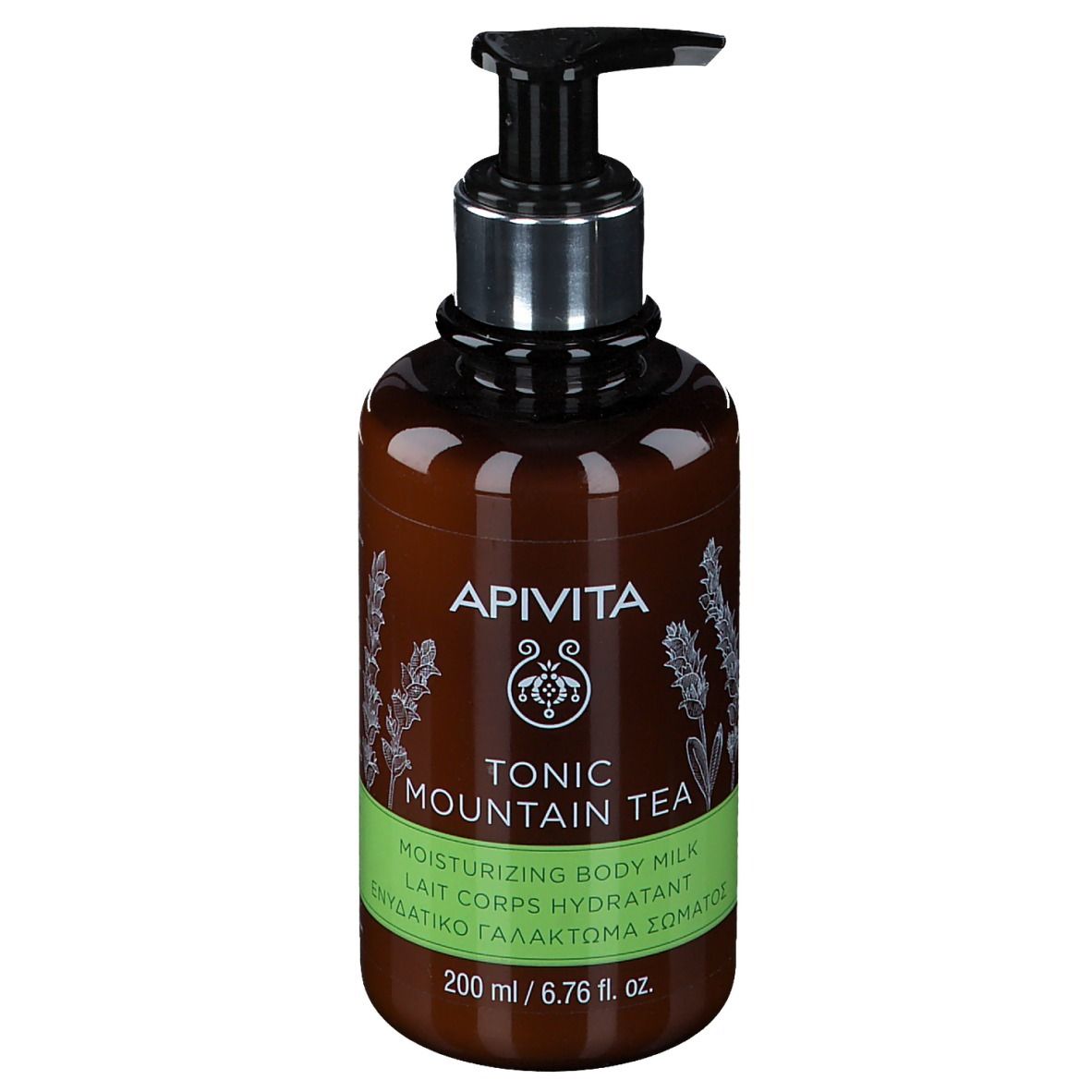 API VITA Tonic Mountain Tea Hydraterende Body Milk in bruine fles met pompdos, 200 ml.
