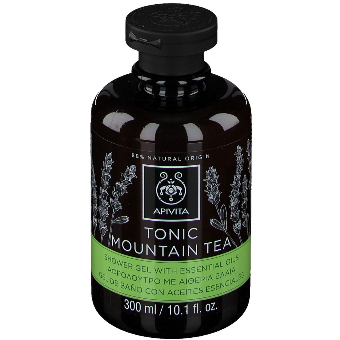 Flacon marron avec bouchon noir. Inscription Apivita Tonic Mountain Tea. Étiquettes vertes et blanches. 88% d'origine naturelle.
