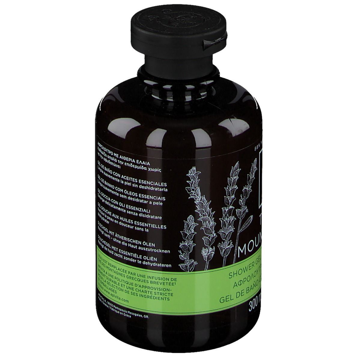 Dos d'un flacon marron avec bouchon noir. Textes multilingues sur les étiquettes. Informations sur les ingrédients et l'origine.