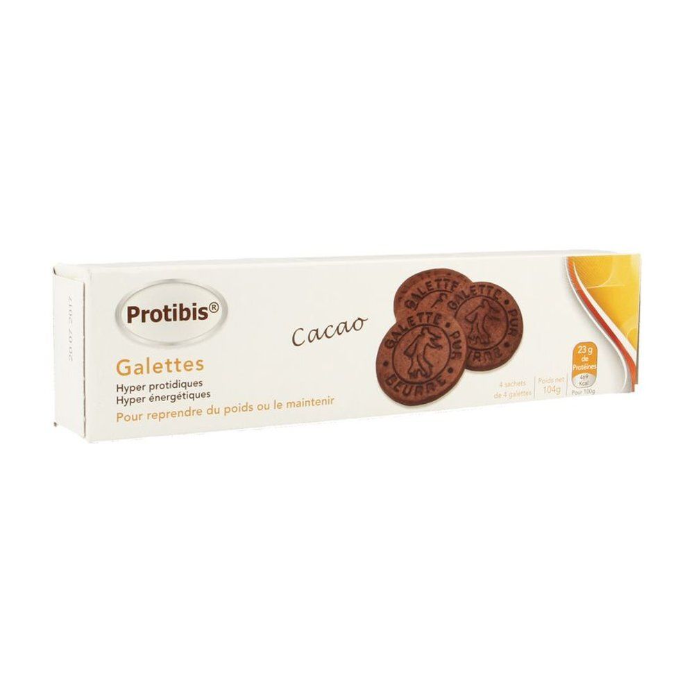 Verpakking Protibis Galettes, cacao. Drie ronde koekjes met logo. Tekst: Hyper protidiques, Hyper énergétiques. Witte verpakking.