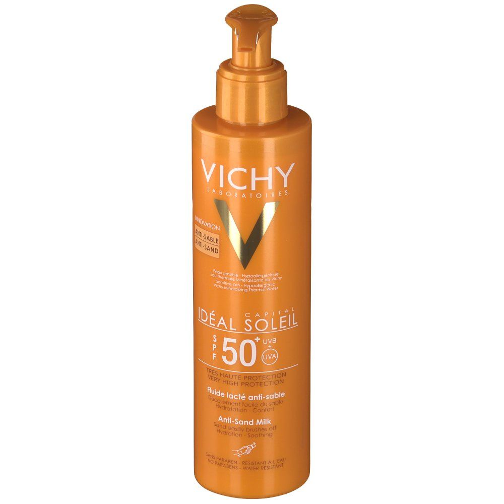 Oranje fles met pomp. Opschrift: VICHY, Idéal Soleil, SPF 50+. Anti-Sand Milk.