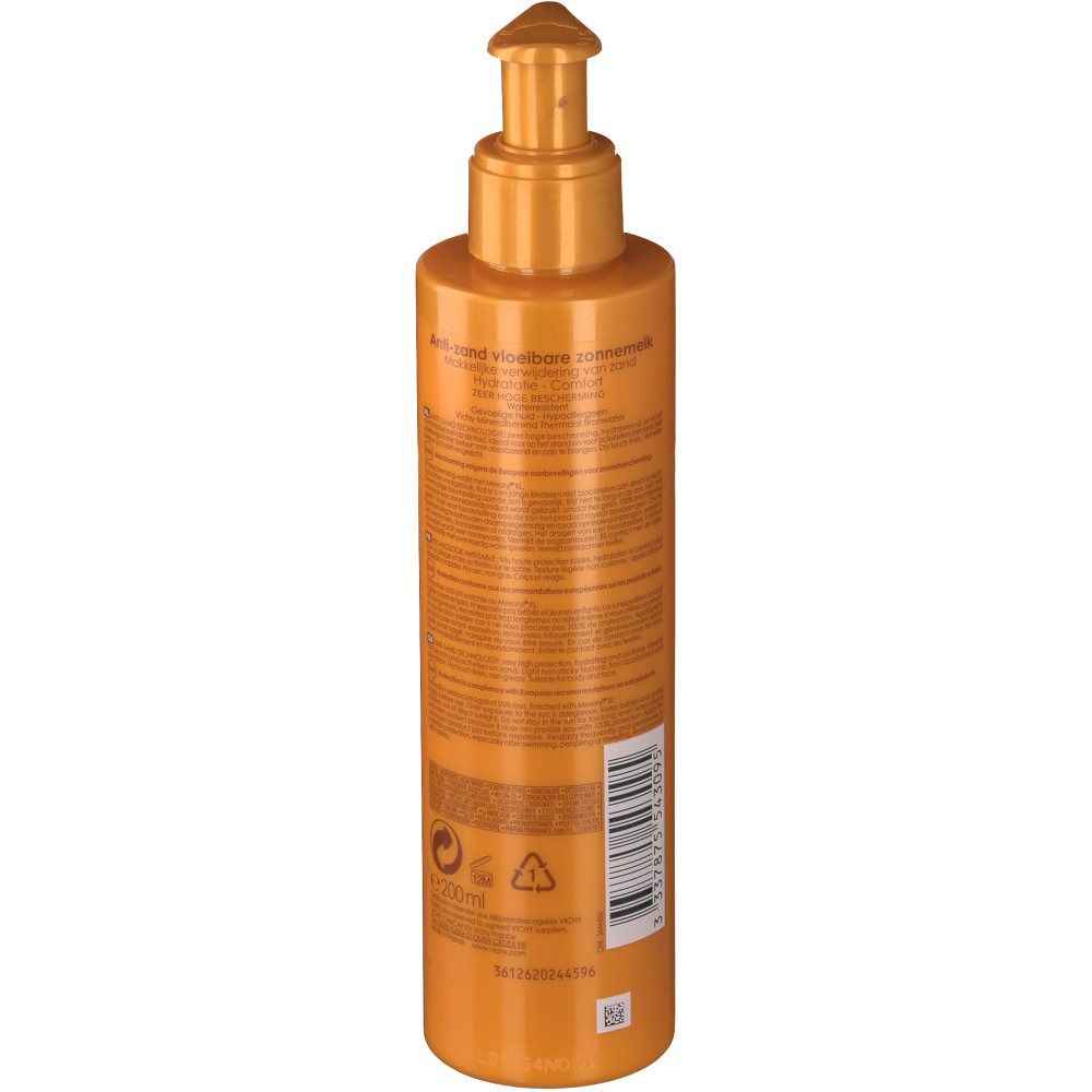 Achterkant van een oranje fles met pomp. Tekst en logo's.