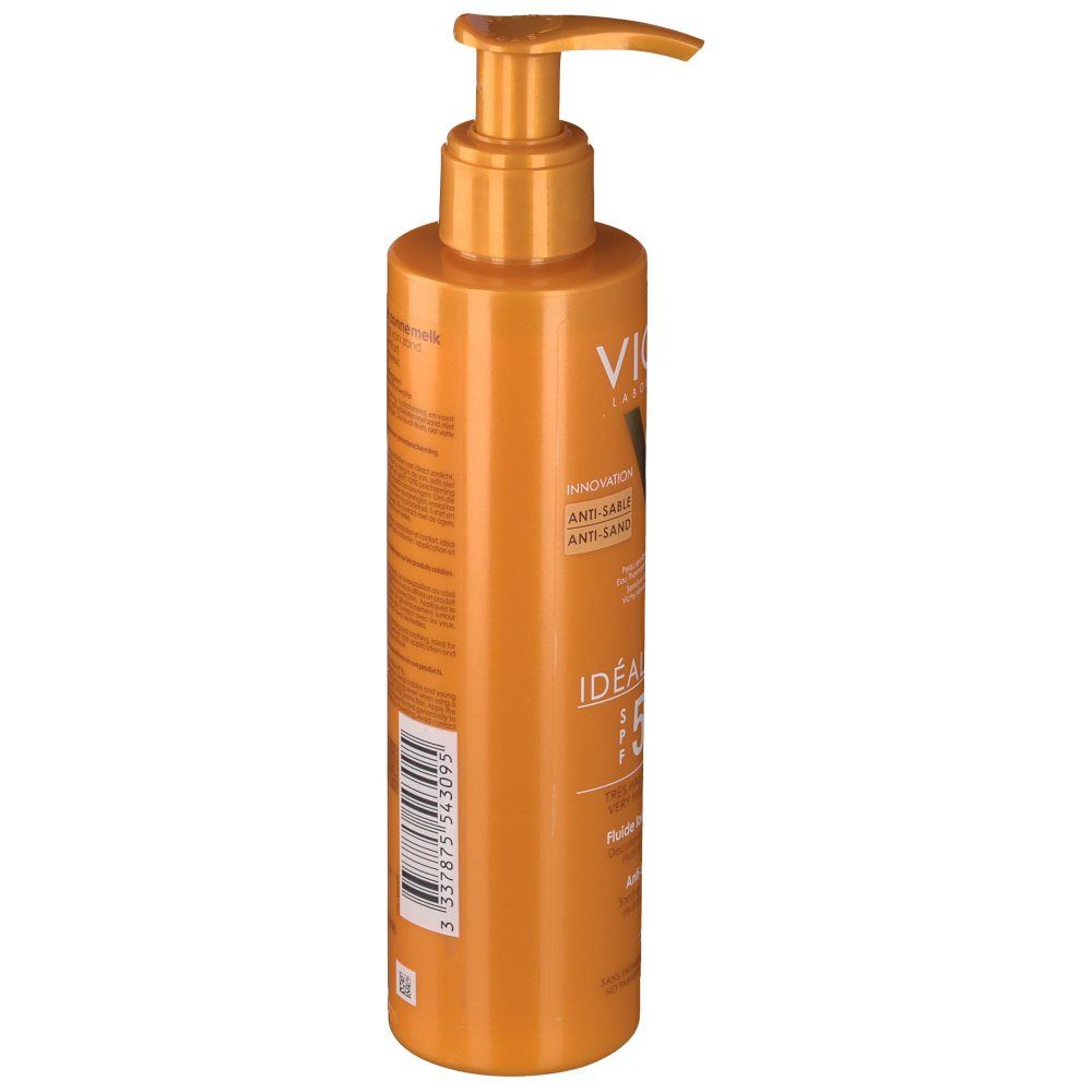Oranje fles met pomp. Opschrift: VICHY, Idéal Soleil, SPF 50+.