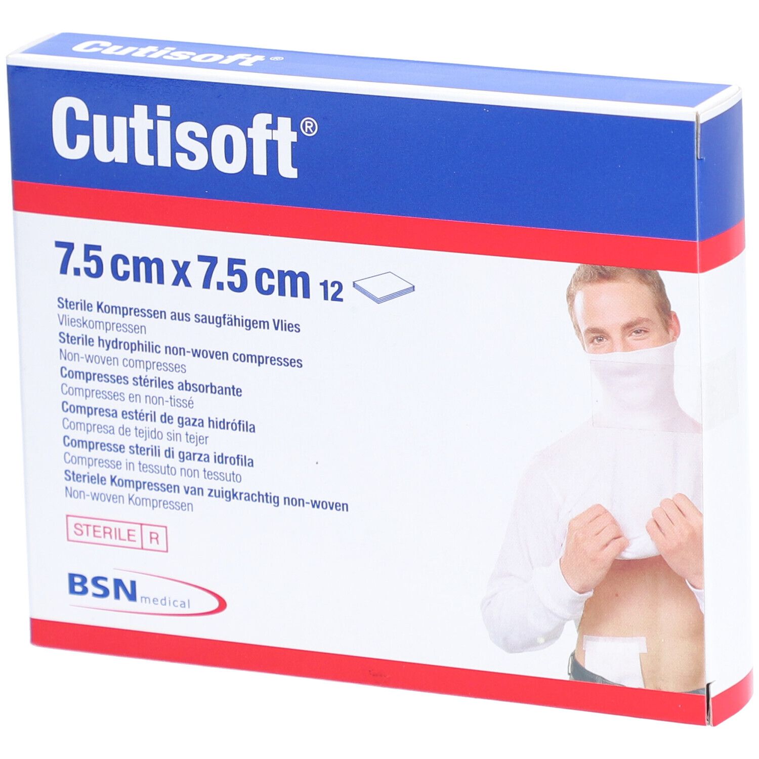 Boîte de compresses stériles Cutisoft® 7,5 cm x 7,5 cm. Contient 12 compresses. Inscriptions : Cutisoft®, BSN medical.
