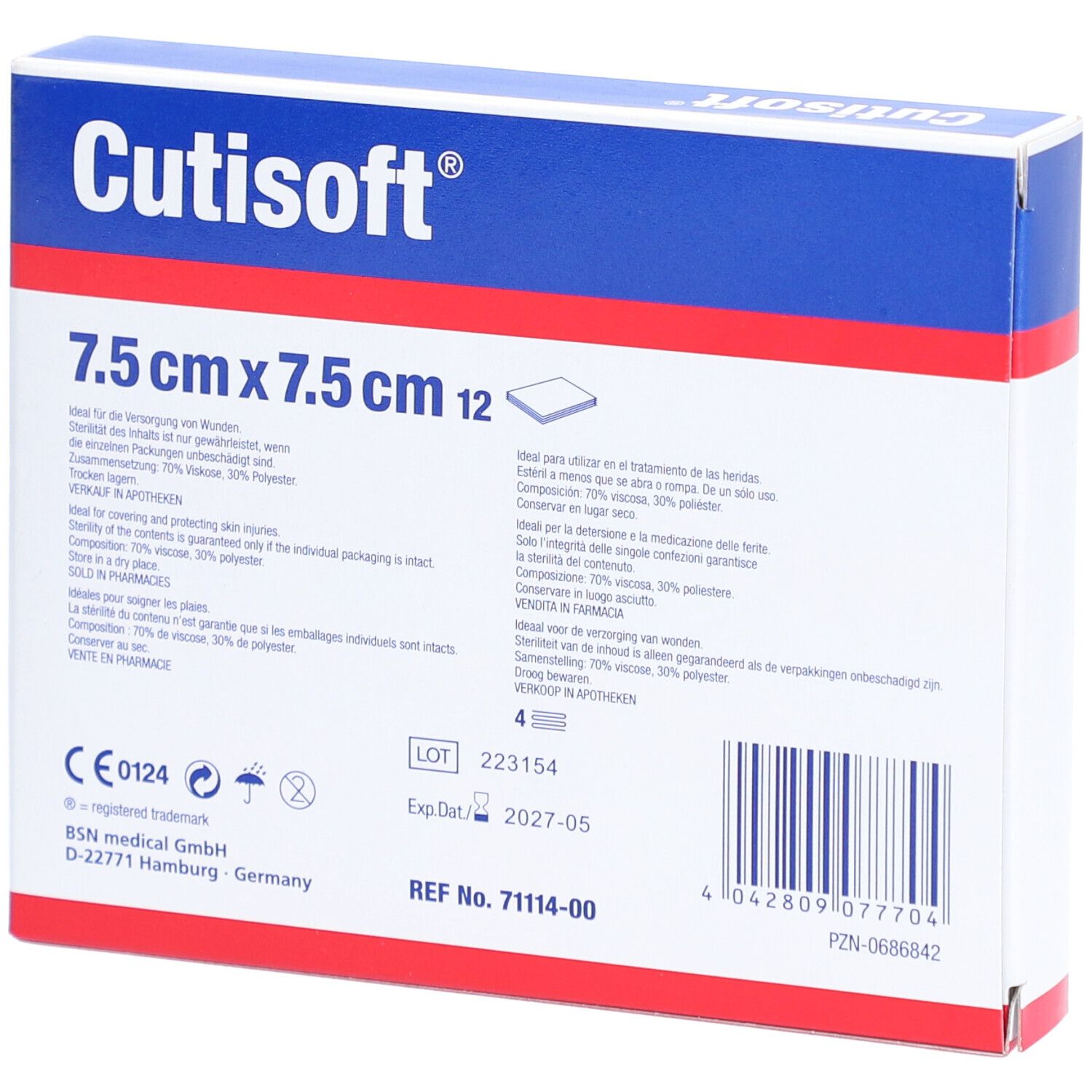 Dos de la boîte de compresses Cutisoft® 7,5 cm x 7,5 cm. Informations sur les ingrédients, le lot et la date d'expiration.