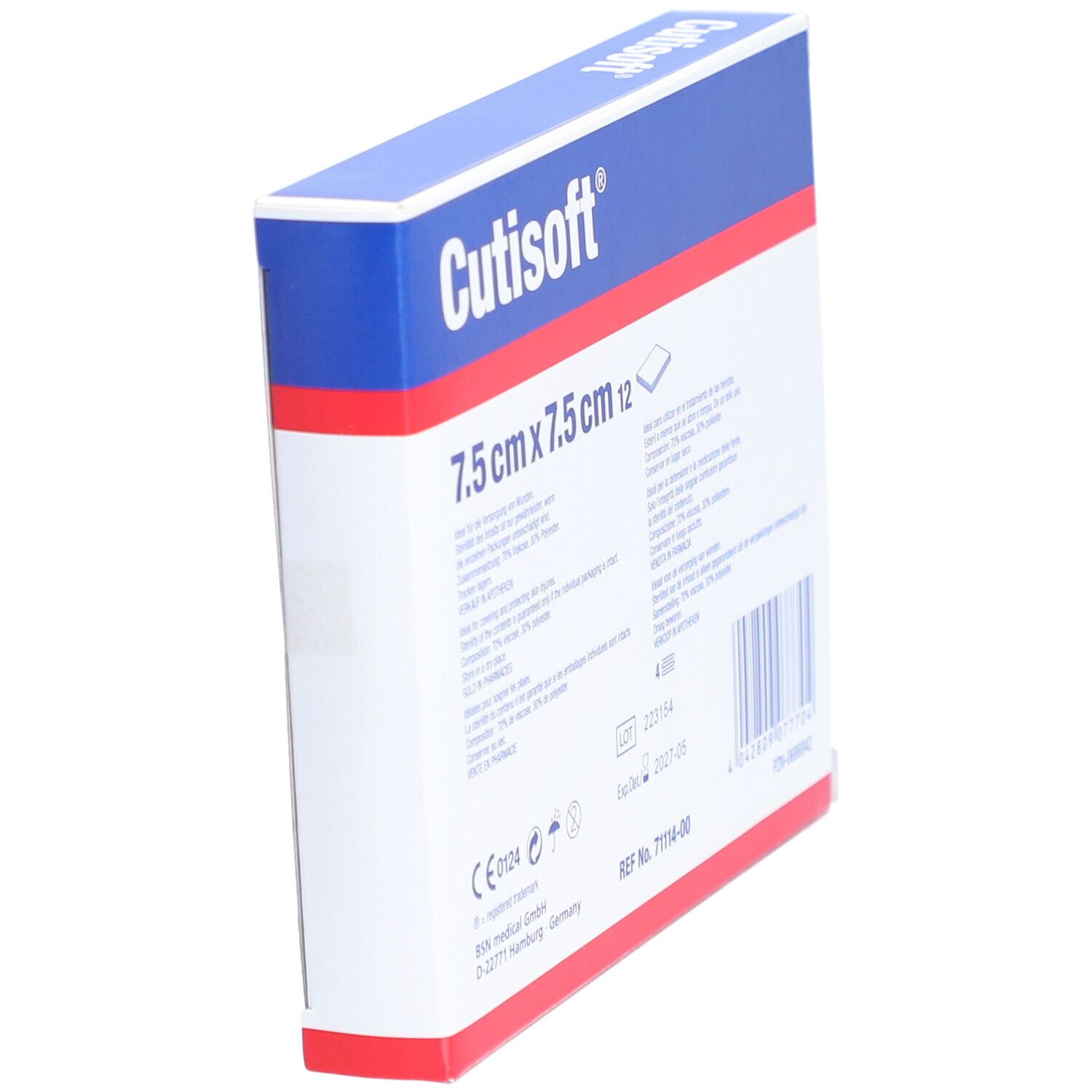 Vue en biais du dos de la boîte de compresses Cutisoft® 7,5 cm x 7,5 cm. Ingrédients et date d'expiration.