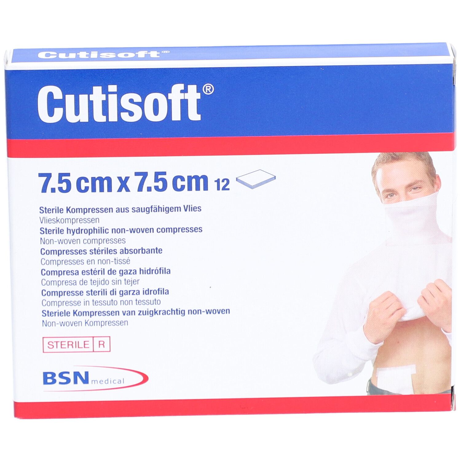 Boîte de compresses Cutisoft® 7,5 cm x 7,5 cm, 12 pièces. Inscriptions : Cutisoft®, BSN medical. Illustration d'une personne avec compresse.